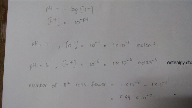 How many fewer H+ ions are there in a solution at a pH = 11 than in a solution at-example-1