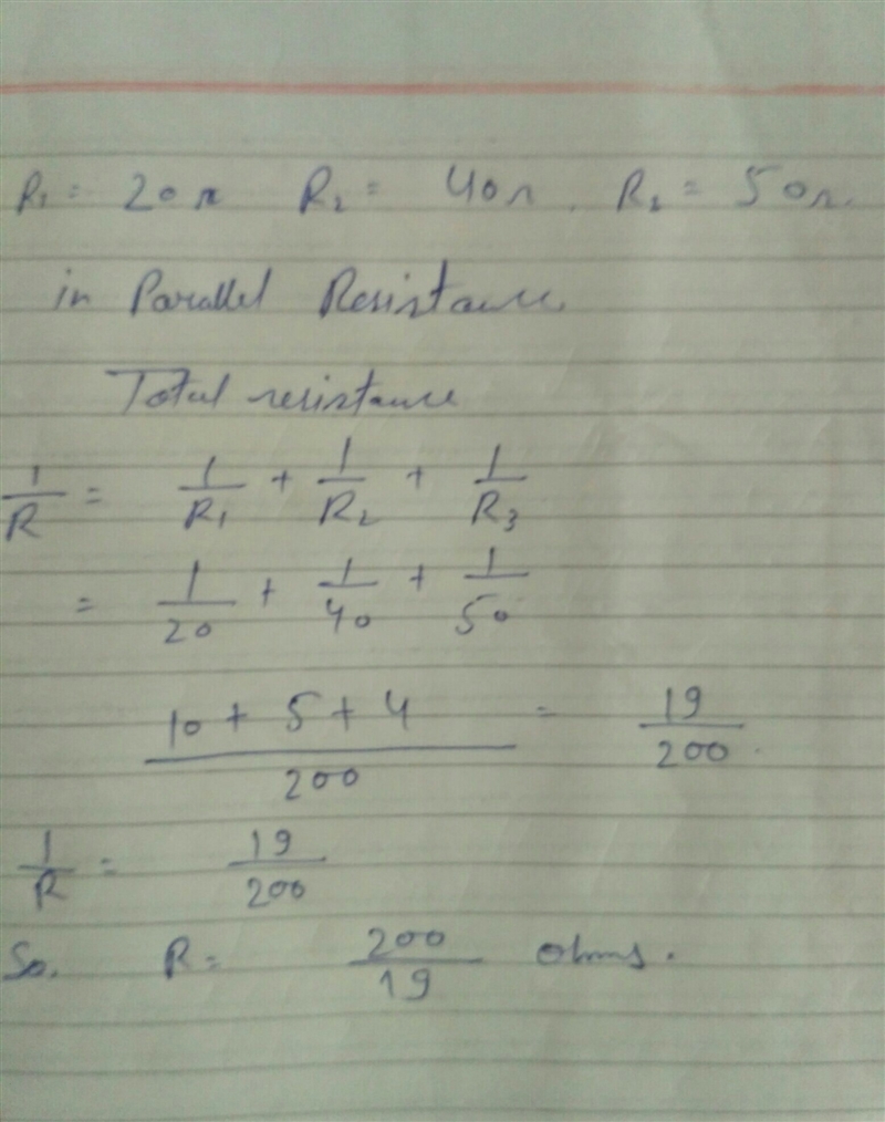 A 20 ohm, 40 ohm, and 50 ohm resistors are connected in PARALLEL. Calculate the total-example-1