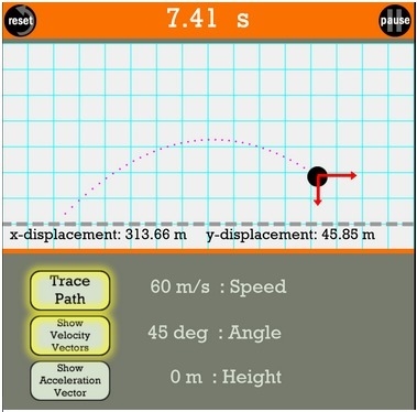 In the simulation above, as the projectile travels downward, how does the vertical-example-1