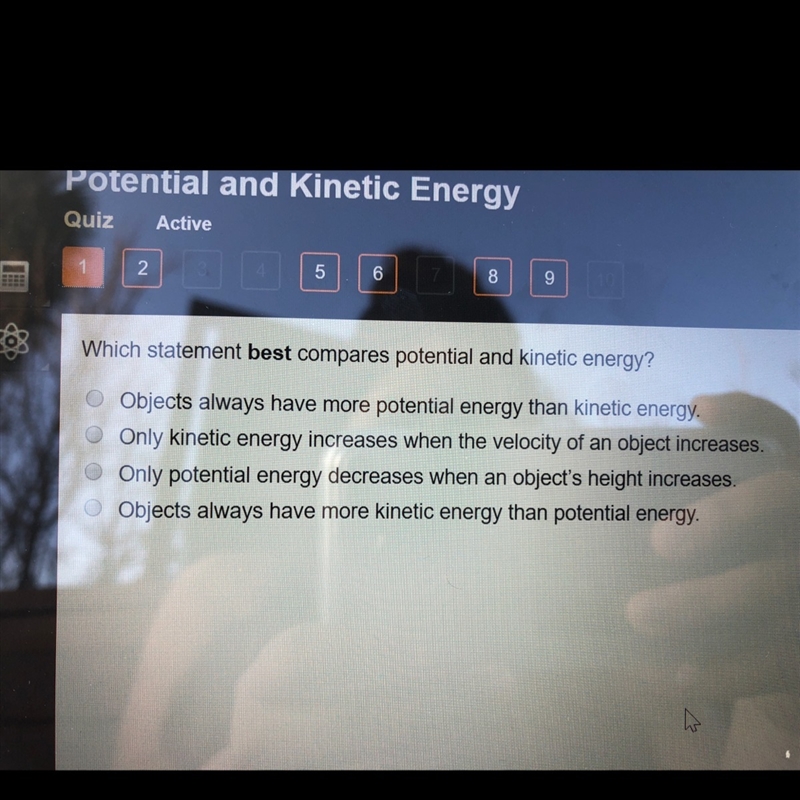 Which statement best compares potential and kinetic energy?-example-1