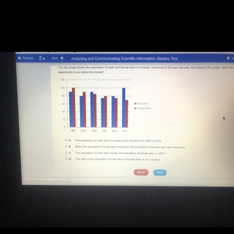 The bar graph shows the population of male and female deer in a forest, measured in-example-1