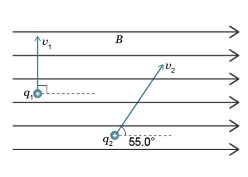 Particle q₁ has a charge of 2.7 μC and a velocity of 773 m/s. If it experiences a-example-1