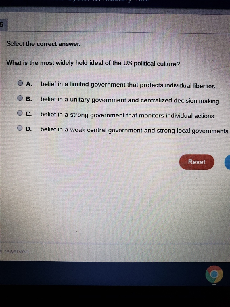 Which is the most widely held ideal of the US political culture? A. belief in a limited-example-1