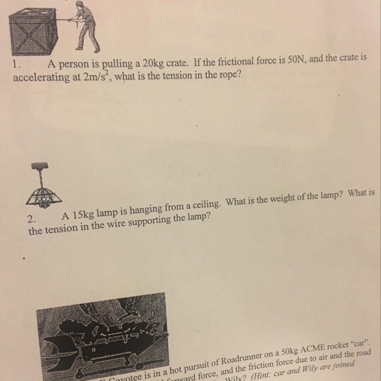 A person is pulling a 20kg crate. If the frictional force is 50N, and the crate is-example-1