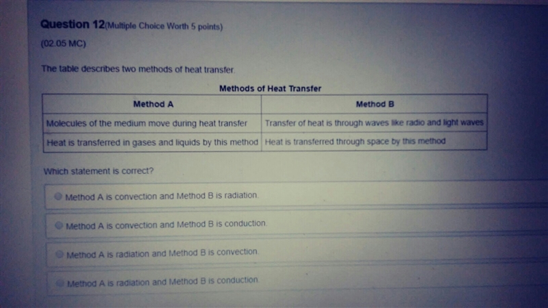 NEED HELP PLZZ the table describes two methods of heat transfer which statement is-example-1