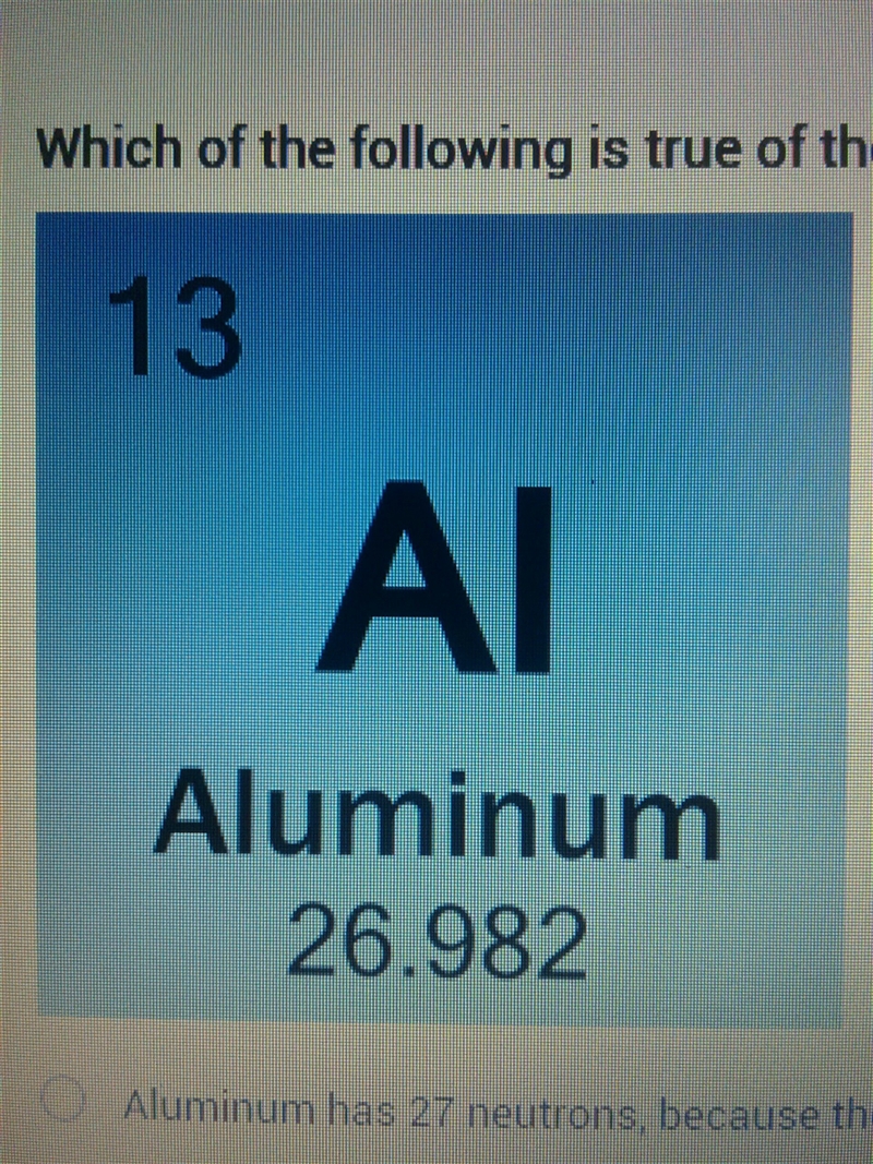 Which of the following is true of the atom below: A) Aluminum has 27 neutrons, because-example-1