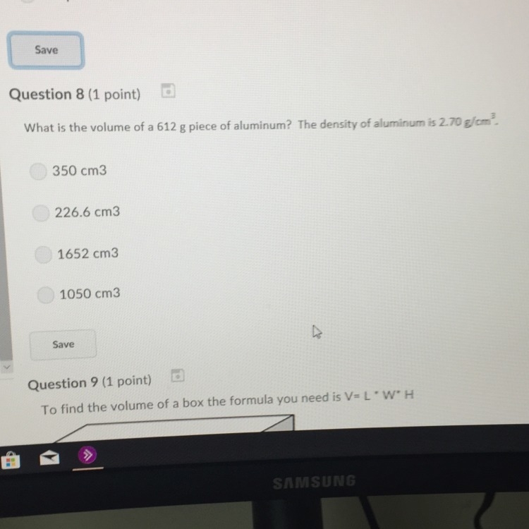 What is the volume of a 612g piece of aluminum? The density of aluminum is 2.70 g-example-1