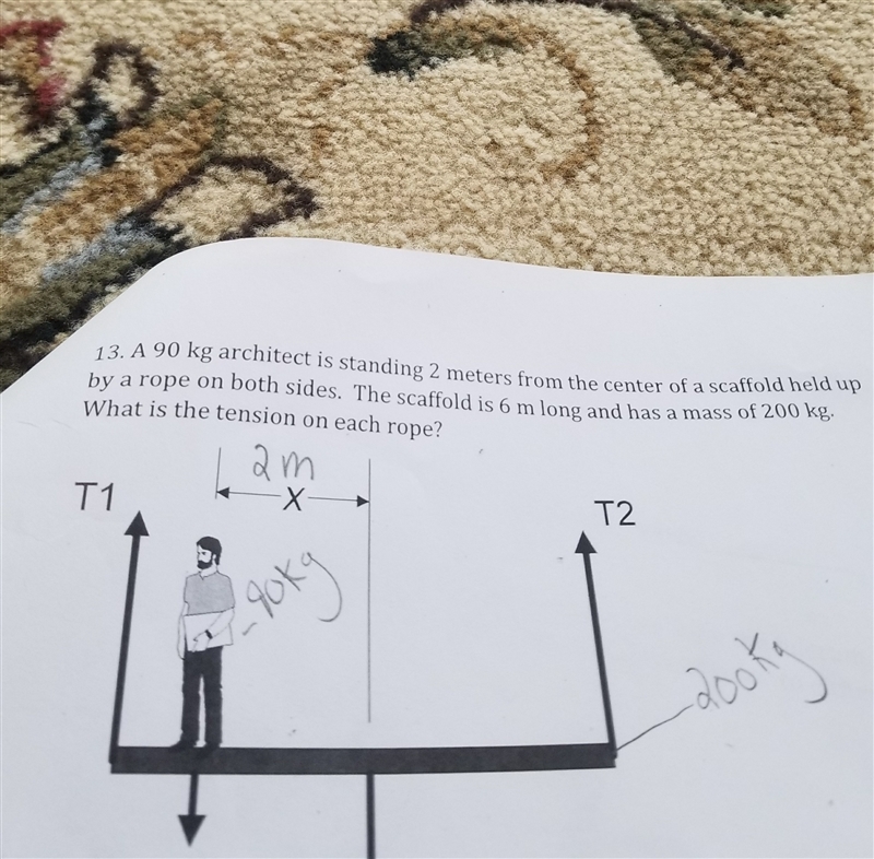 a 90 kg architect is standing 2 meters from the center of a scaffold help up by a-example-1