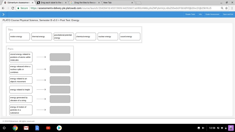 Drag the tiles to the correct boxes to complete the pairs. Match each form of energy-example-1