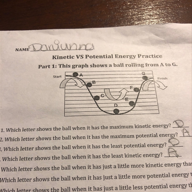 What letter shows the ball when it has maximum kinetic energy?-example-1