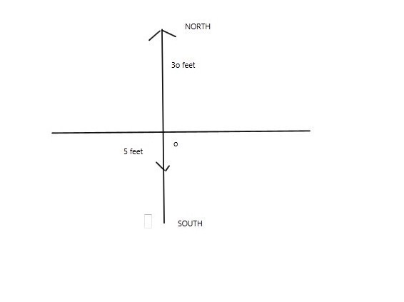 A dog runs 30 feet to the north then 5 feet to the south what is the displacement-example-1