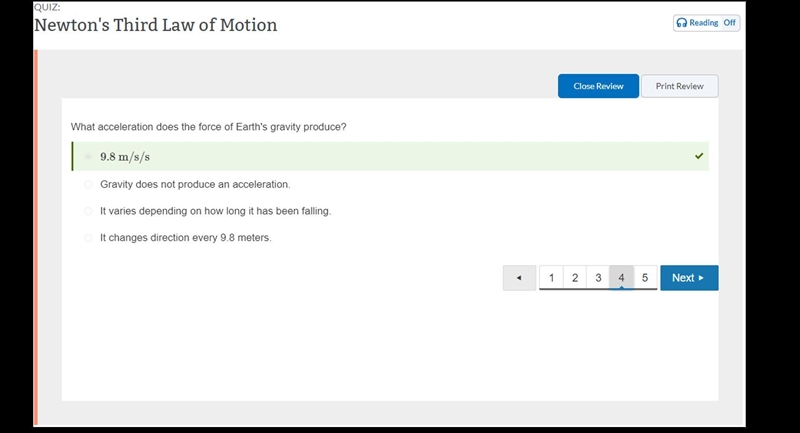 Which acceleration does the force of earth’s gravity produce? A. 9.8 m/s/s B. it varies-example-1