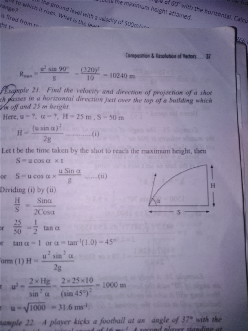 Find the velocity and direction of a Projectile of a shot which passes in a horizontal-example-1