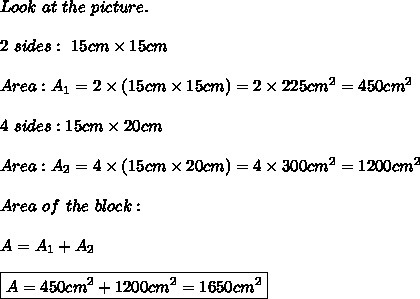 A block of stone measures 15cm x 15cm x 20 cm.What is the total surface area of the-example-1