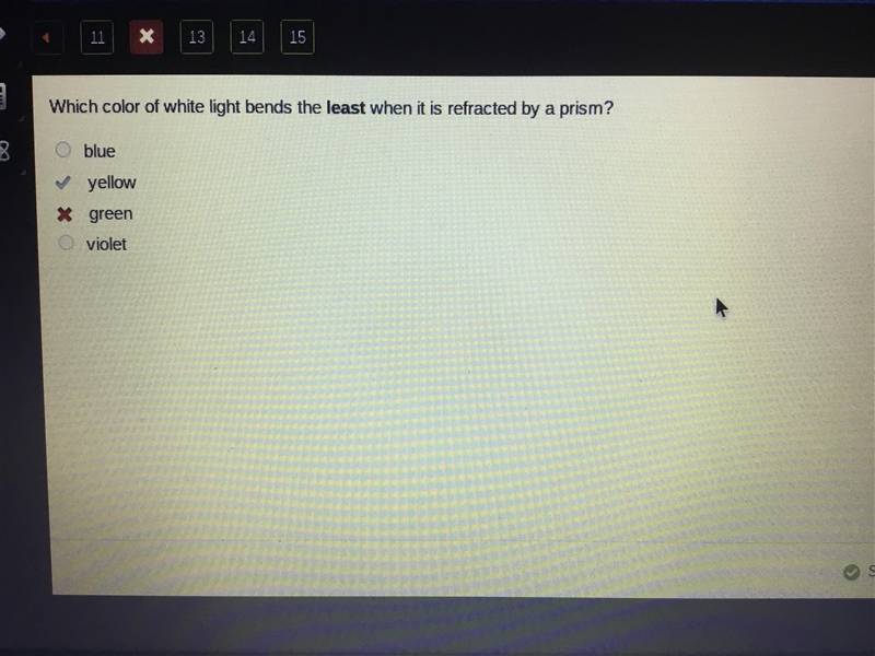 Which color of light bends the least when passing through a prism?-example-1