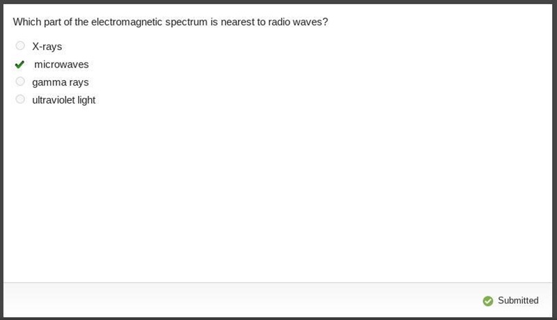 Which part of the electromagnetic spectrum is nearest to radio waves? -X-rays -microwaves-example-1