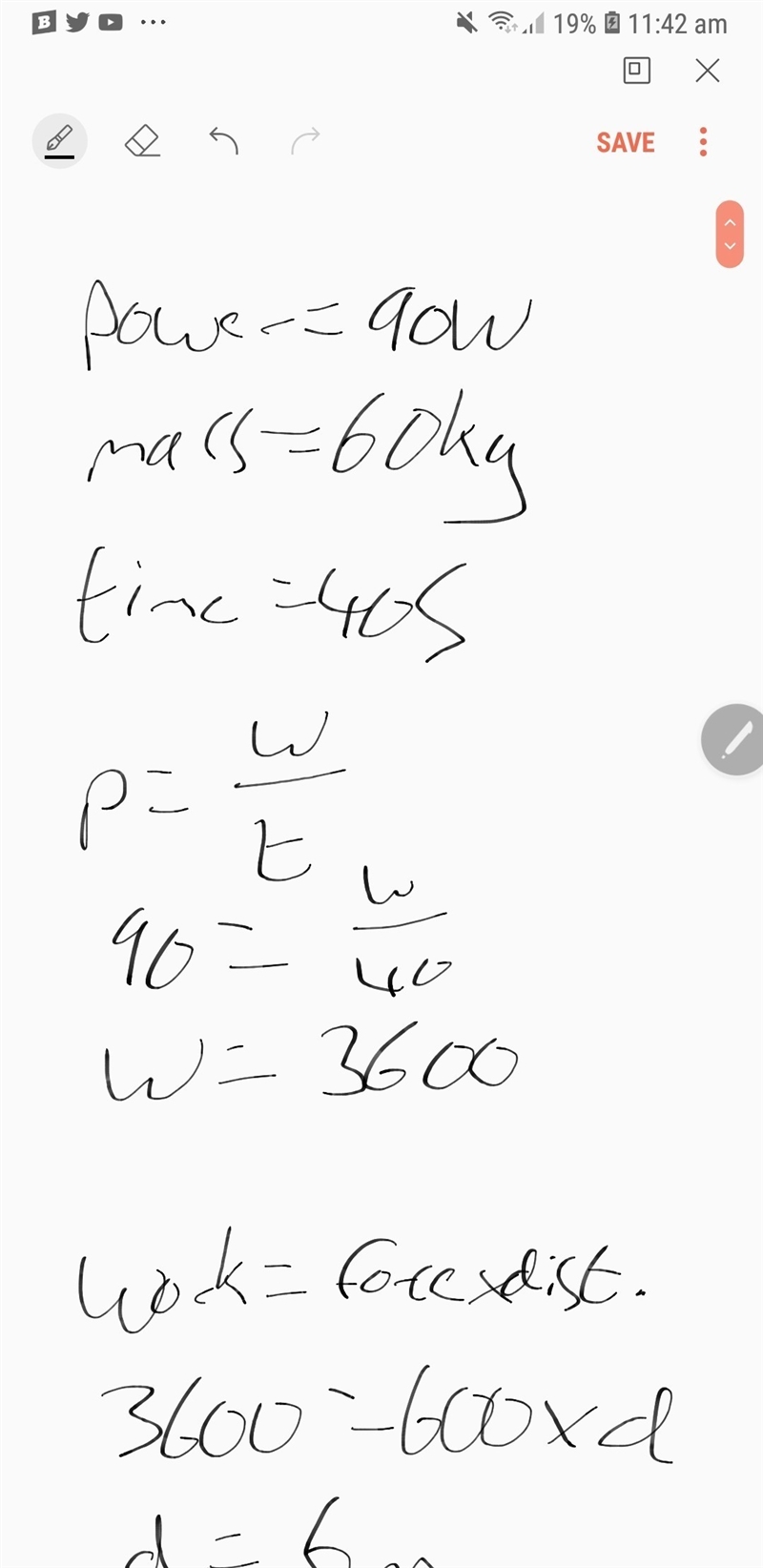 A man has a power of 90 W and mass 60 kg runs up a staircase in 40 s. If each staircase-example-1