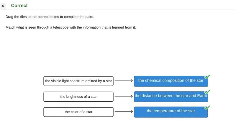 Match what is seen through a telescope in Column A with the information that is learned-example-1