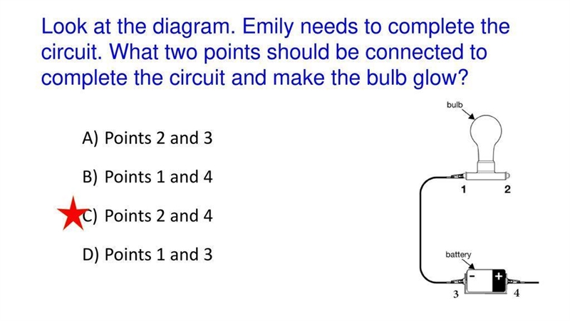 Look at the diagram. Emily needs to complete the circuit. What two points should be-example-1