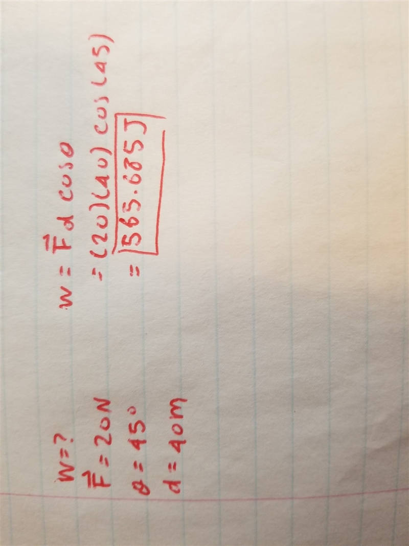 What is the work done by 20 Newton force applied at an angle of 45.0° to move a box-example-1