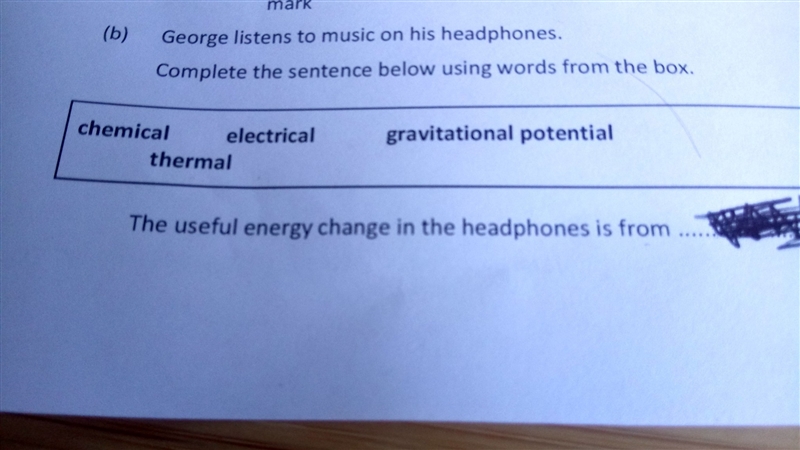 "George listens to music on his headphones. Complete the sentence using the words-example-1