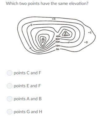 Which two points have the same elevation? points C and F points E and F points A and-example-1