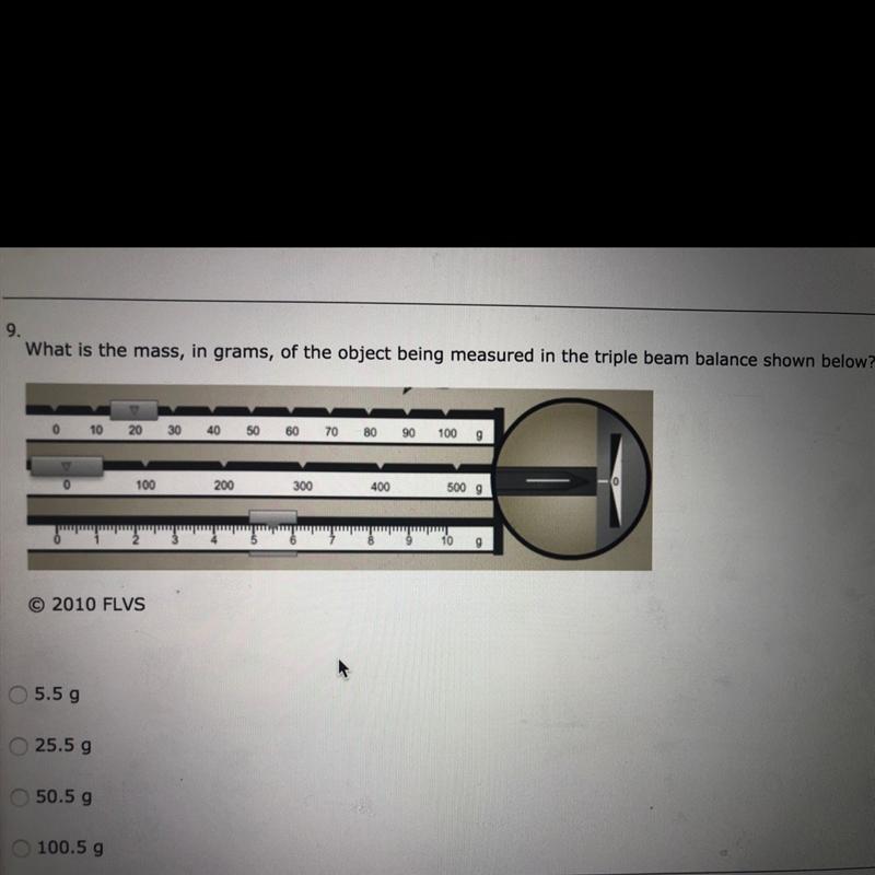 What is the mass, in grams, of the object being measured in the triple beam balance-example-1