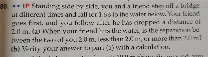 standing side by side, you and a friend step off a bridge and fall for 1.6s to the-example-1