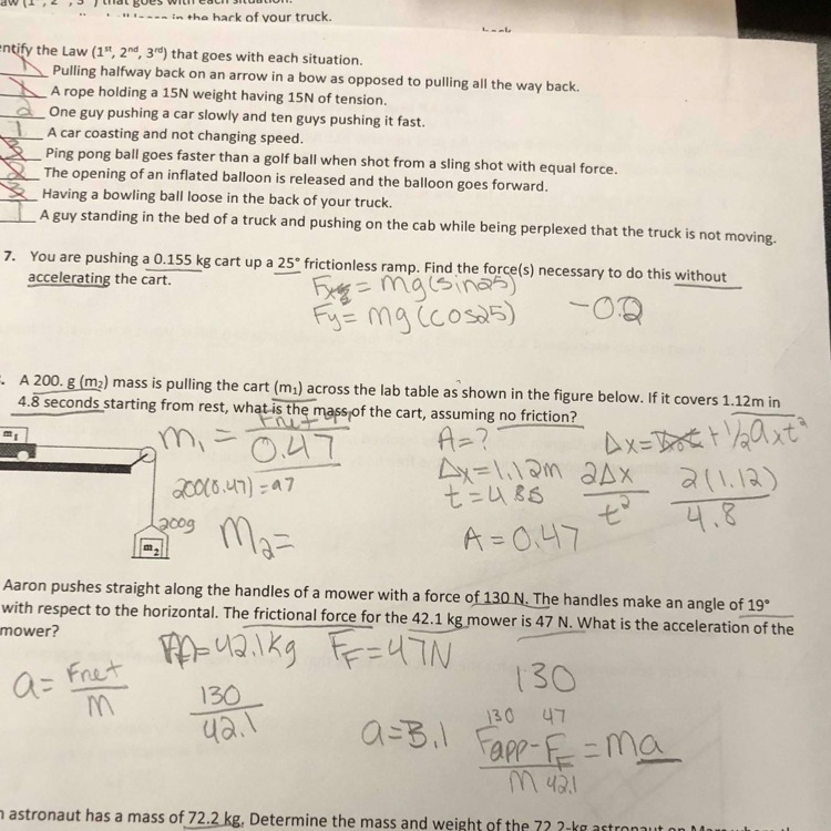 A 200g(m2) mass is pulling the cart (m1) across the table as shown below. If it covers-example-1