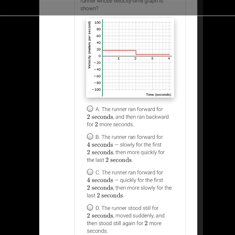 Which sentence best describes the runner whose velocity-time graph is shown?-example-1