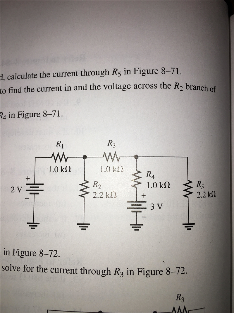 Using the superposition method, calculate the current through R5 in Figure 8-71-example-1