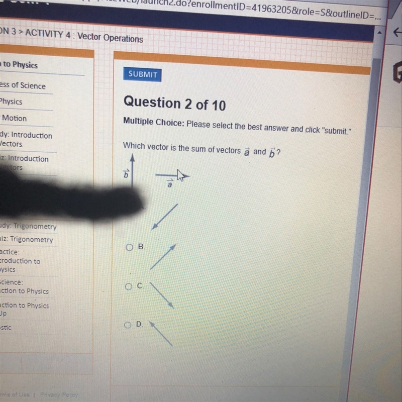 Which vector is the sum of vector a and b?-example-1