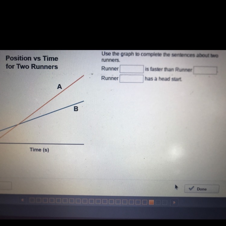 Use the graph to complete the sentences about two runners-example-1