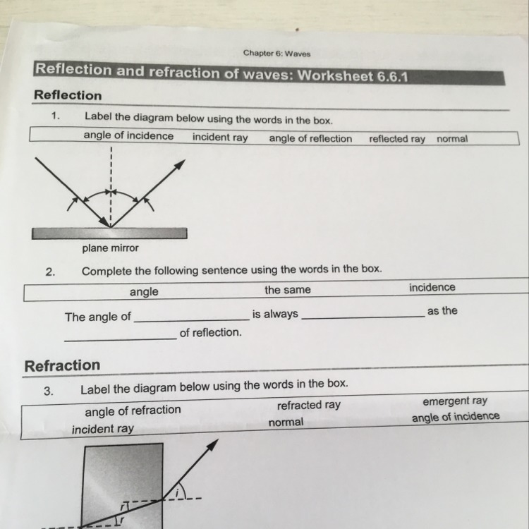 Please help me with question 1 of this reflections and refraction of waves worksheet-example-1