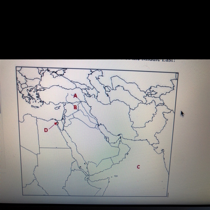 Letter A on the map labels which feature of the Middle East?-example-1