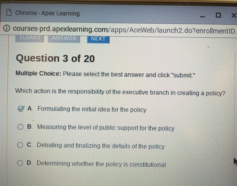 Which action is the responsibility of the executive branch in creating a policy? ANSWER-example-1