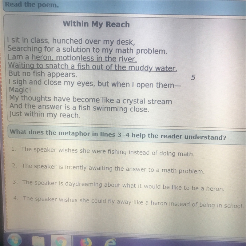 What does the metaphor in lines 3-4 help the reader understand-example-1