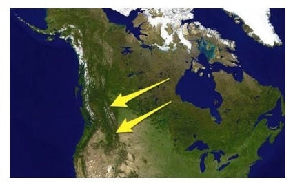 Pls Help The arrows are pointing to which North American mountain range? A) Rocky-example-1