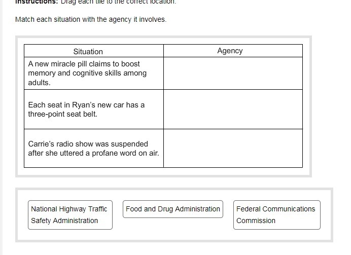 Match each situation with the agency it involves-example-1