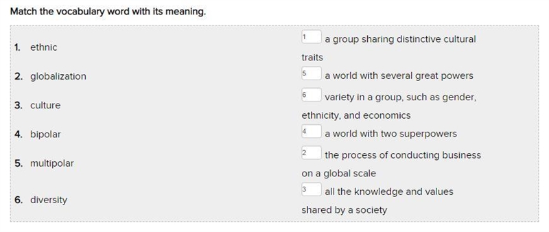 Match the vocabulary word with its meaning. 1. ethnic the process of conducting business-example-1