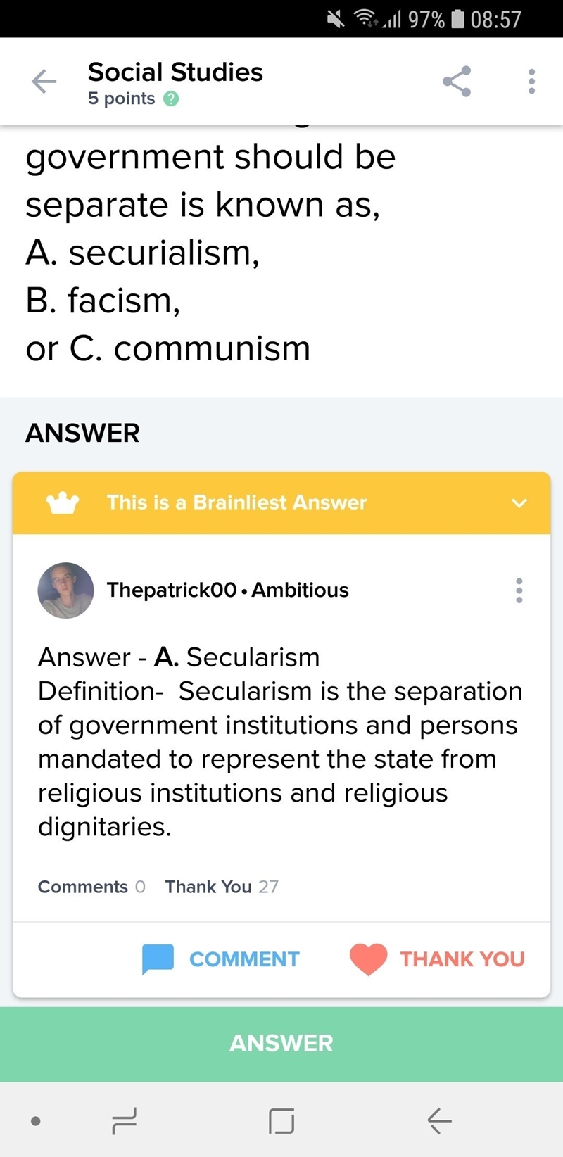 The idea that the religion and government should be separated is known as-example-1