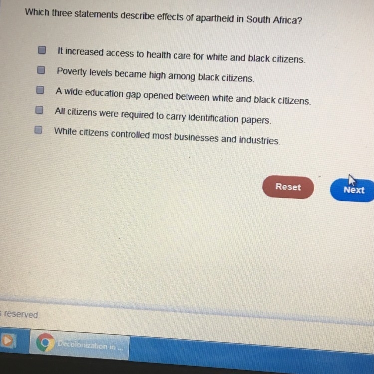 Which three statements describe effects of apartheid in South Africa?-example-1