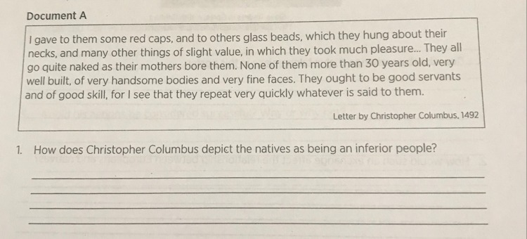 How does Christopher Columbus depict the natives as being an inferior people?-example-1