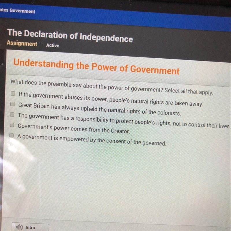 What does the preamble say about the power of government? Select all that apply-example-1