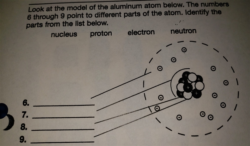 Nucleus Proton Electron Neutron which label goes for 6 7 8 and 9? (this is science-example-1