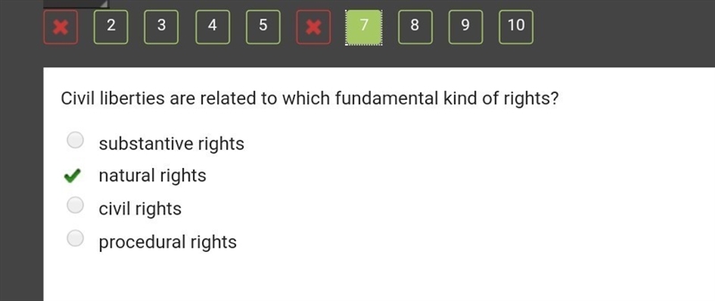 Civil liberties are related to which fundamental kind of rights? A.substantive rights-example-1