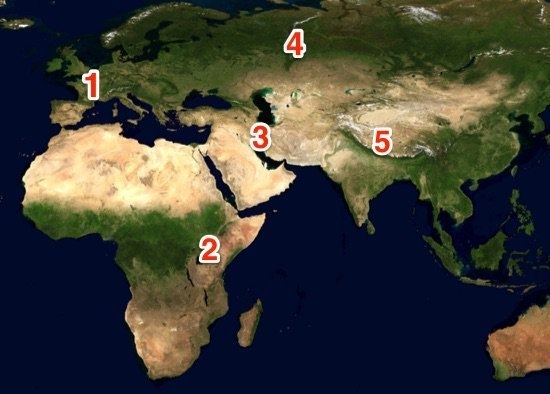 2. Which number represents the approximate location of the Ural Mountains? A. 1 B-example-1