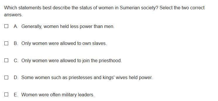 Which statement best describes the status of women in Sumerian society?-example-1