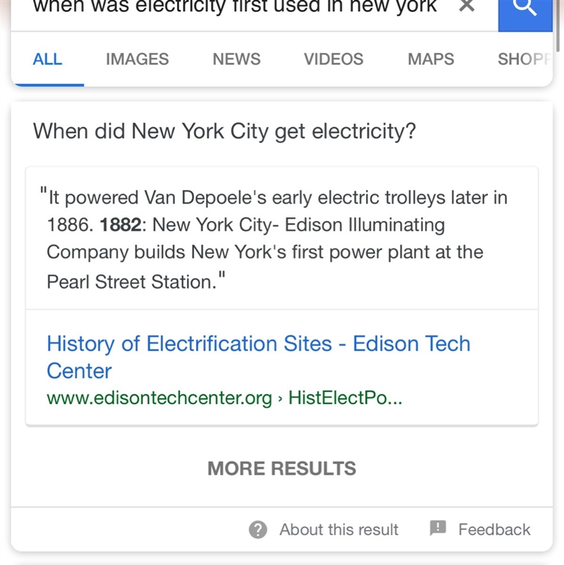 Electricity was first introduced to new york in the?-example-1