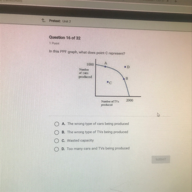 In this PPF graph, what does point C represent?-example-1